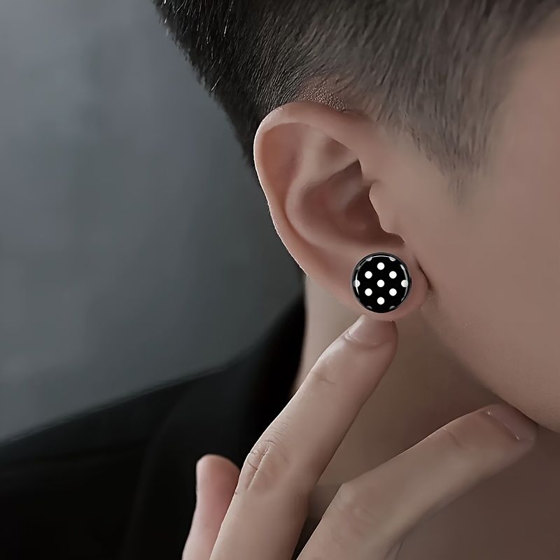 Women's Black & White Polka Dot Round Glass Cabochon Stud Earrings